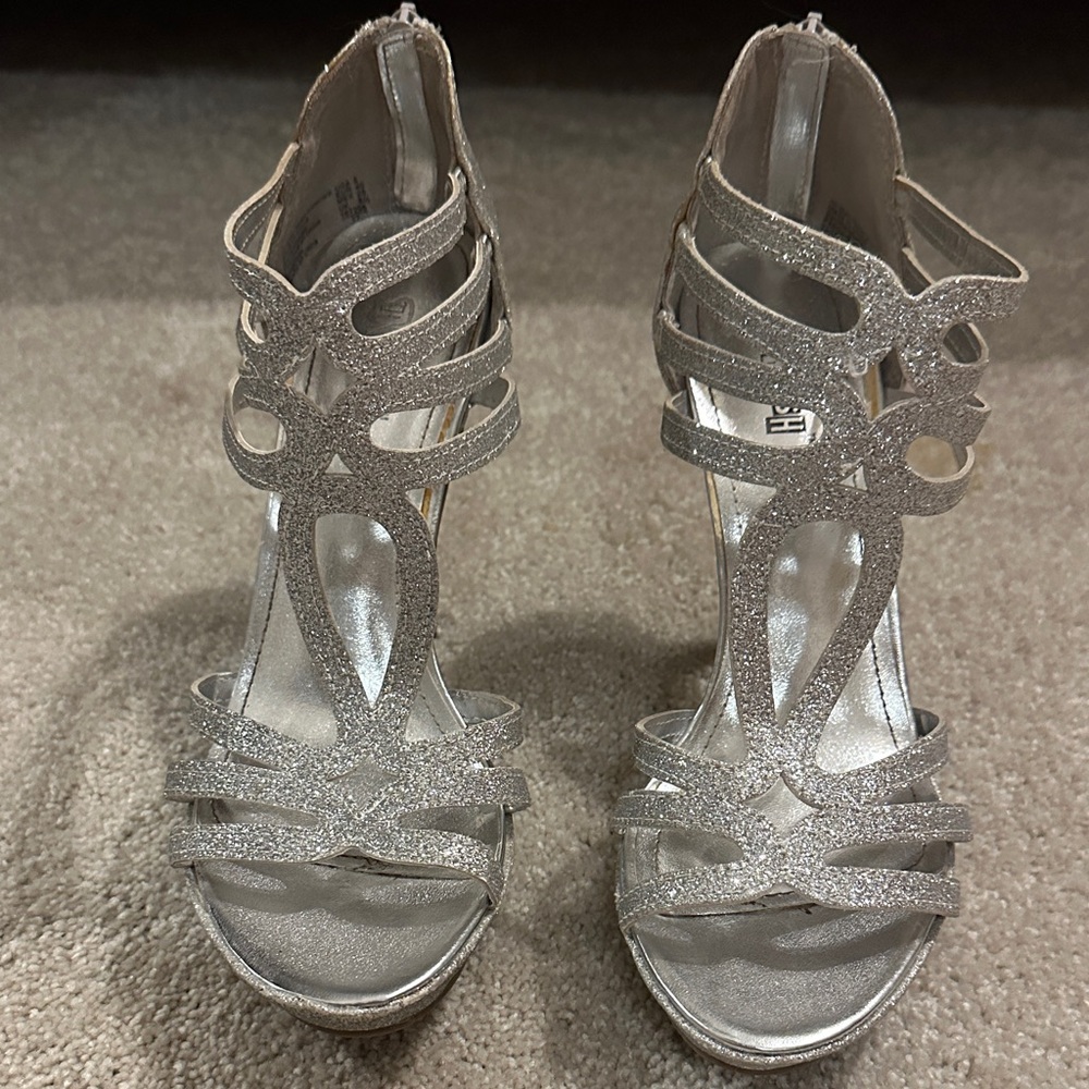 Brash Glittering Silver Strappy Heels